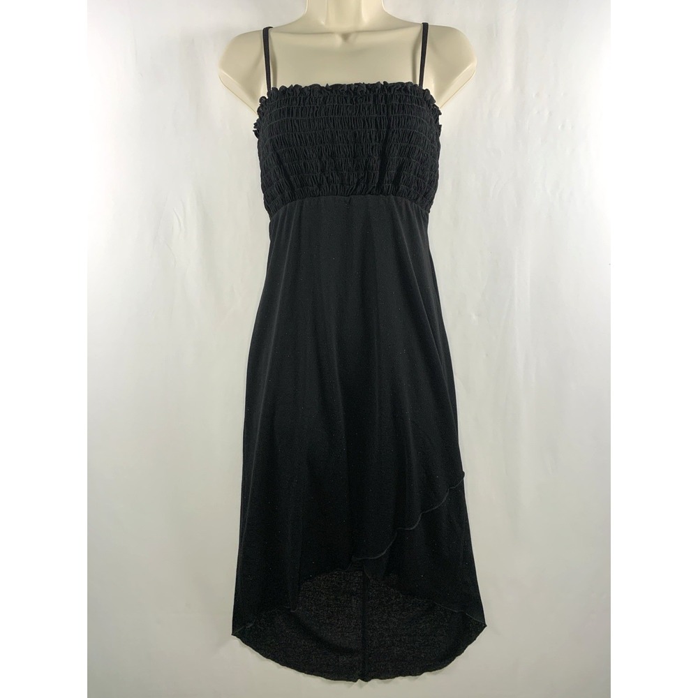 Womens Y2K Glitter Smocked Babydoll Midi Dress Sz S Black Fairy Grunge High Low